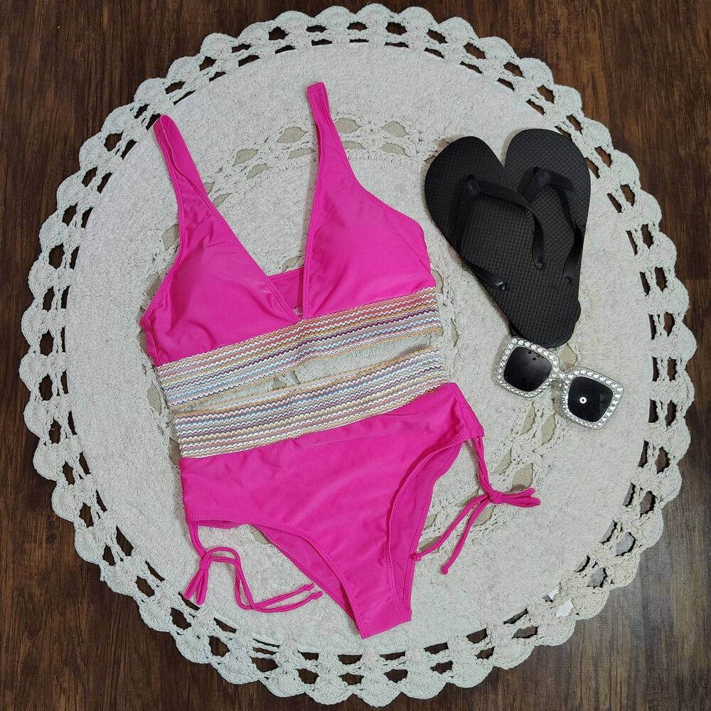 Women's Medium Hot Pink High Waisted 2-PC Bikini Swimsuit NWOT